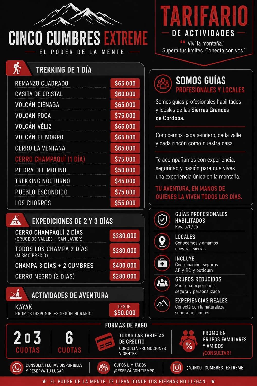 Tarifario de actividades - Cinco Cumbres Extreme